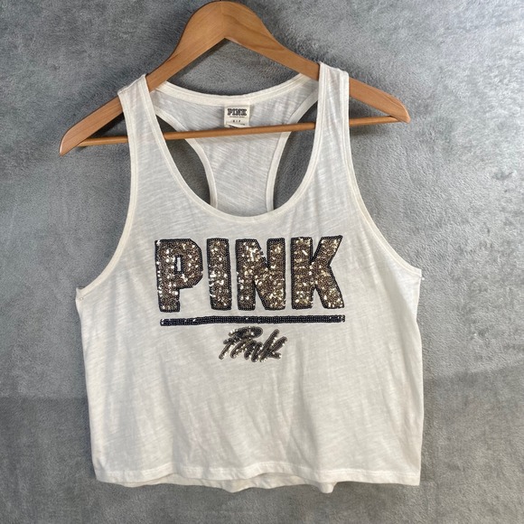 Y2k PINK Victoria's Secret Sequin Tank Top Racerback Sleeveless Small S - Picture 1 of 6